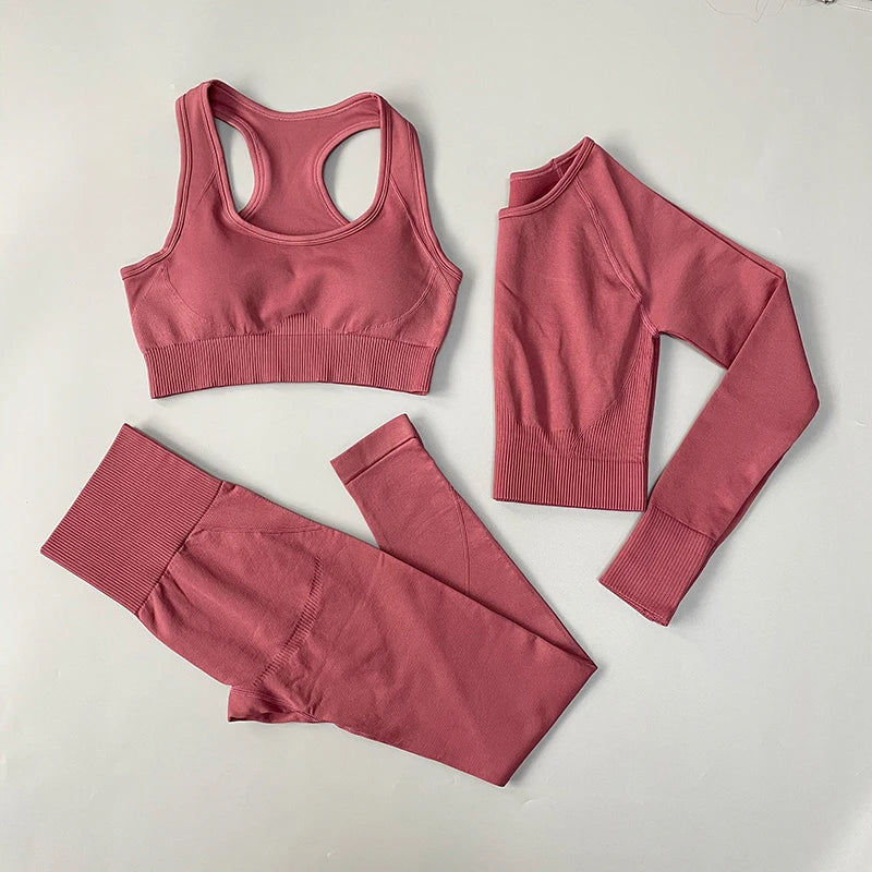 Heidi-Mode | 2/3/4Pcs Nahtlose Frauen Yoga Set Trainings Sportbekleidung Fitness Langarm Crop Top Hohe Taille Leggings Sportanzug