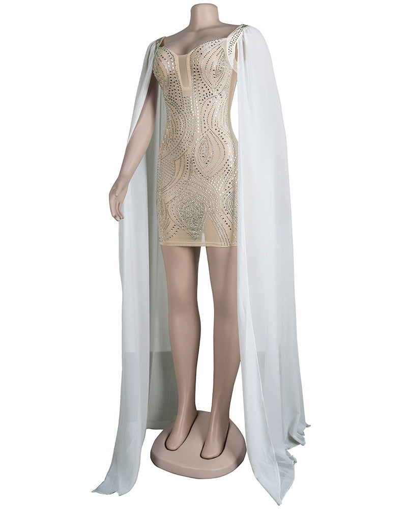 Heidi-Mode | Knöchellanges Flare Cape Ärmel Mesh Kristall Kleider