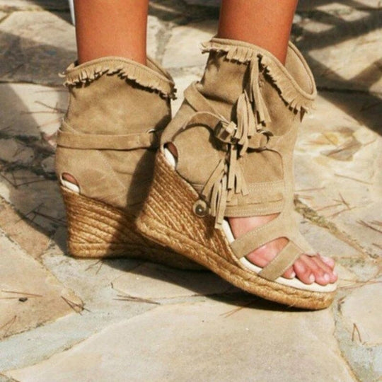 Heidi-Mode | Weinlese PU-Quasten Peeptoe Hohe Keil Sandalen