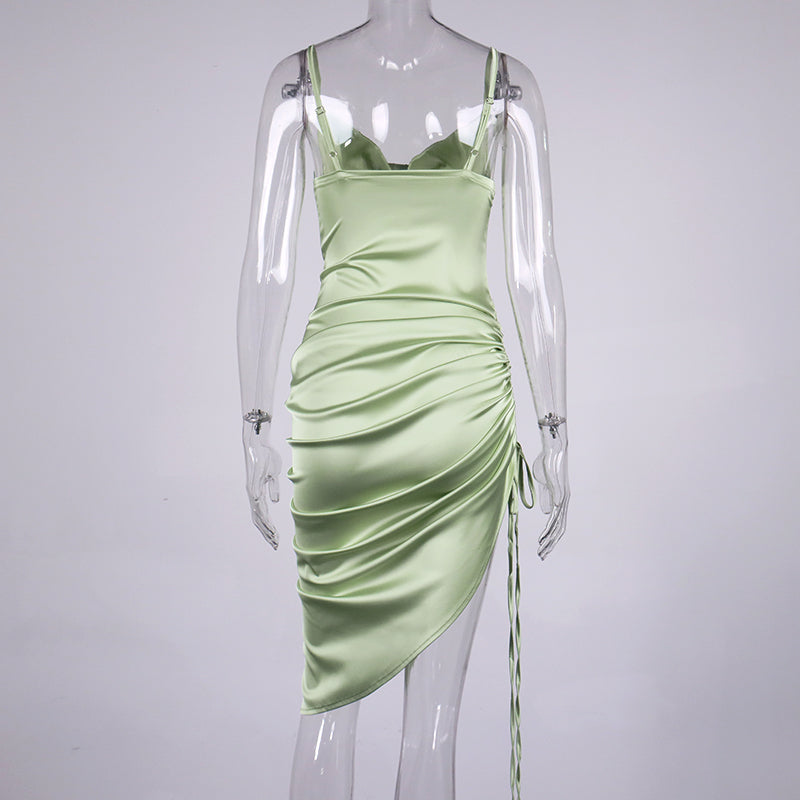 Heidi-Mode | Satin Ärmelloses Rüschen Drawstring Midi Kleider