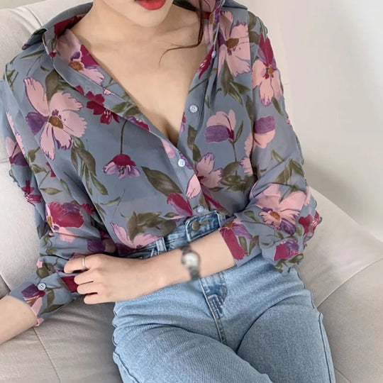 blouse met lange mouwen en gebloemde V-halslijn