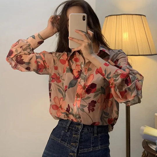 blouse met lange mouwen en gebloemde V-halslijn