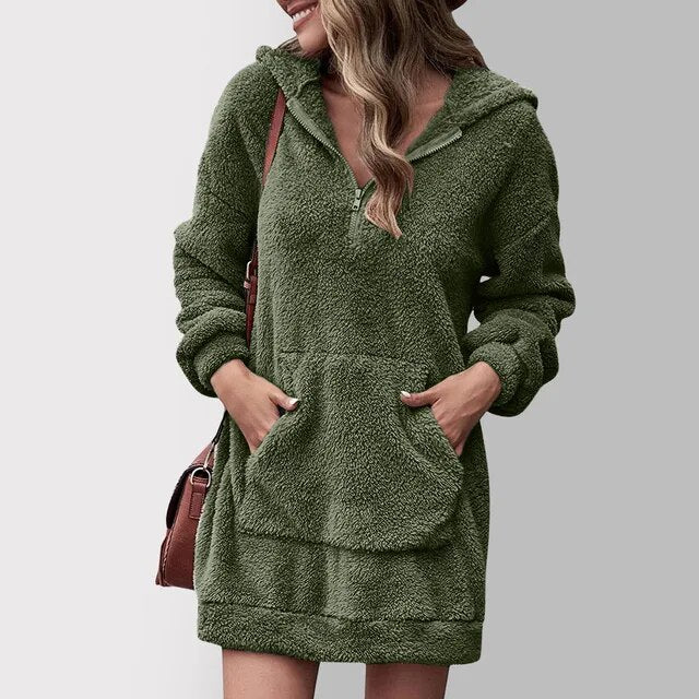 Damen Zip-Up Hoodie Sherpa Fuzzy Fleece Kleid