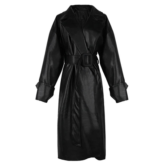 Heidi-Mode | Lautaro Lang Übergrößen Leder Trenchcoat für Frauen Lange Ärmel Revers Lose Passform Herbst Stilvolles Schwarzes Damenbekleidung Streetwear