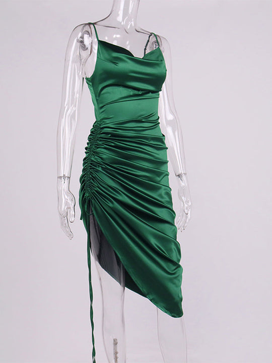 Heidi-Mode | Satin Ärmelloses Rüschen Drawstring Midi Kleider
