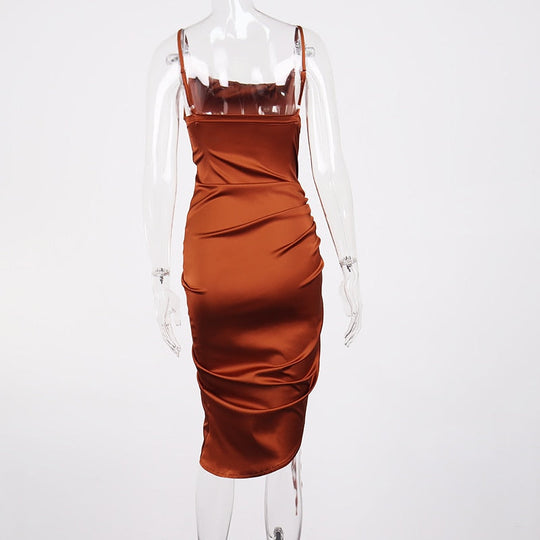Heidi-Mode | Satin Ärmelloses Rüschen Drawstring Midi Kleider
