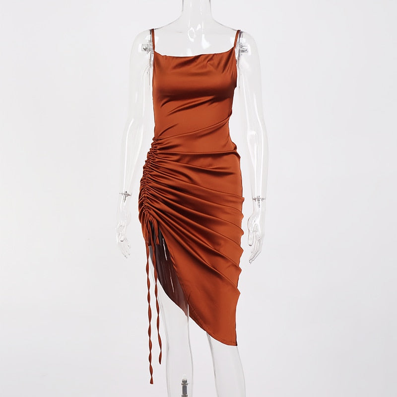 Heidi-Mode | Satin Ärmelloses Rüschen Drawstring Midi Kleider