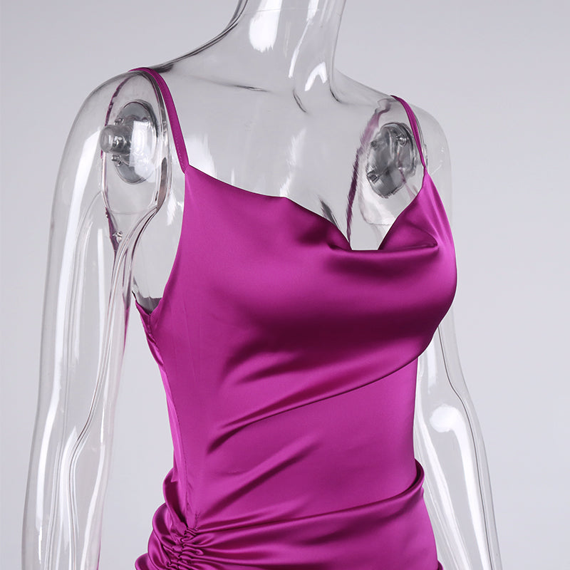 Heidi-Mode | Satin Ärmelloses Rüschen Drawstring Midi Kleider