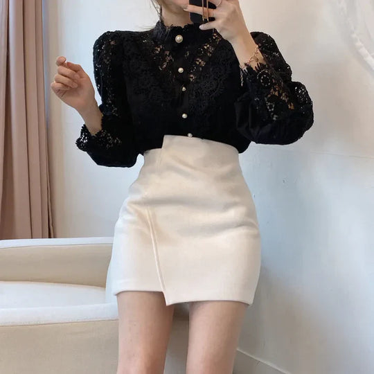Heidi-Mode | Spitzenbluse mit Stehkragen