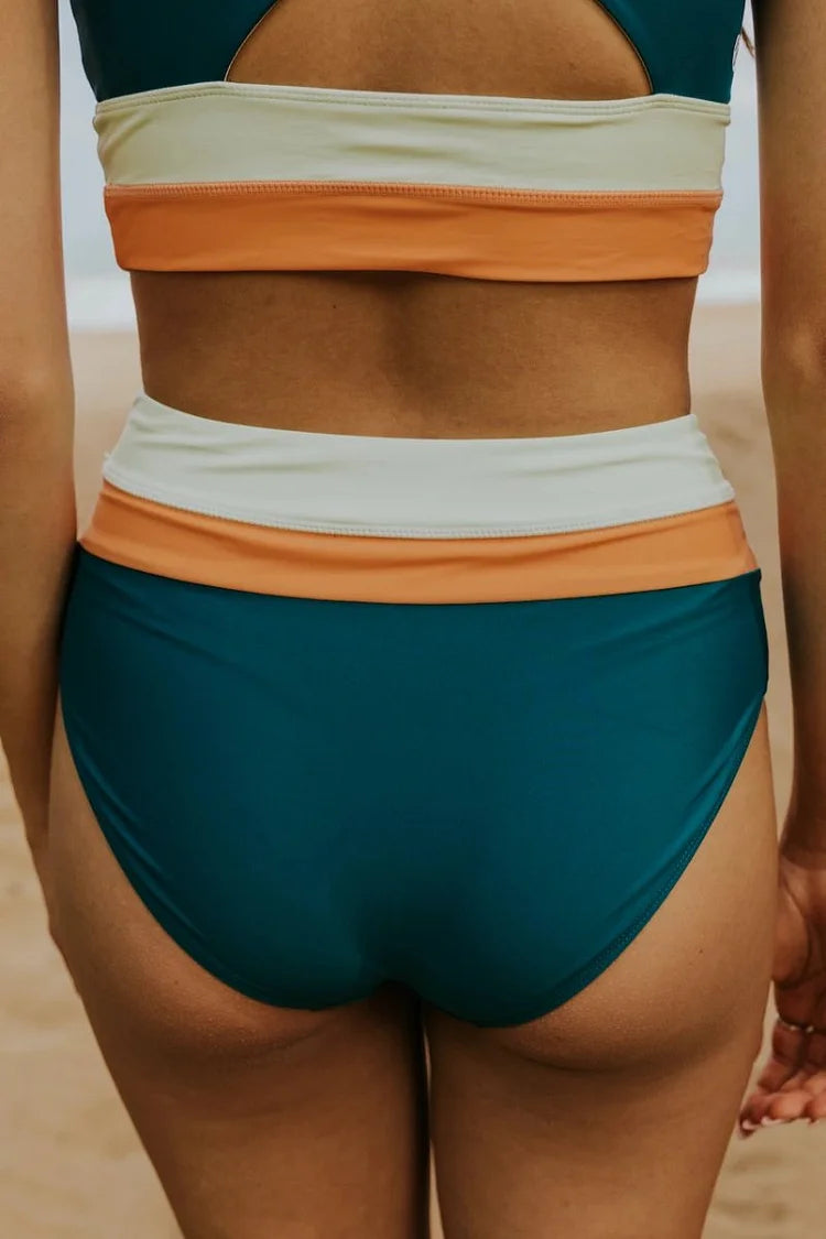 Heidi-Mode | High Waist Colorblock Marine Cut Back Crop Bikini Set