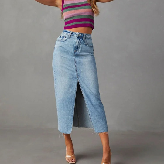 Heidi-Mode | Hohe Taille A-linie Schlitz Gewaschen Blaue Lange Jeansrock