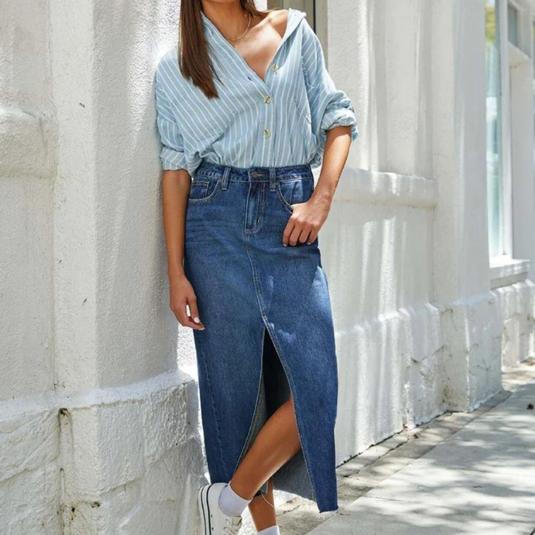 Heidi-Mode | Hohe Taille A-linie Schlitz Gewaschen Blaue Lange Jeansrock