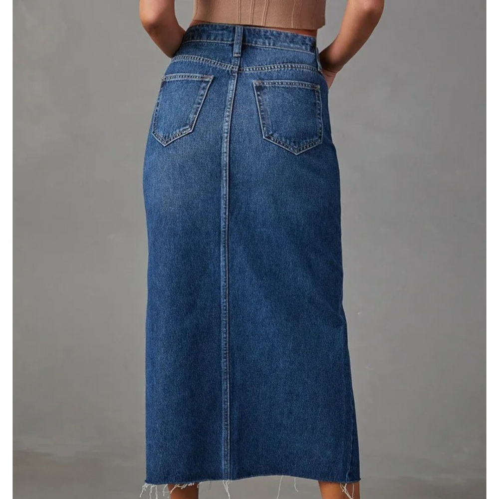 Heidi-Mode | Hohe Taille A-linie Schlitz Gewaschen Blaue Lange Jeansrock