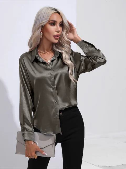 Heidi-Mode | Elegante Weite Satinbluse Mit Langen Ärmeln