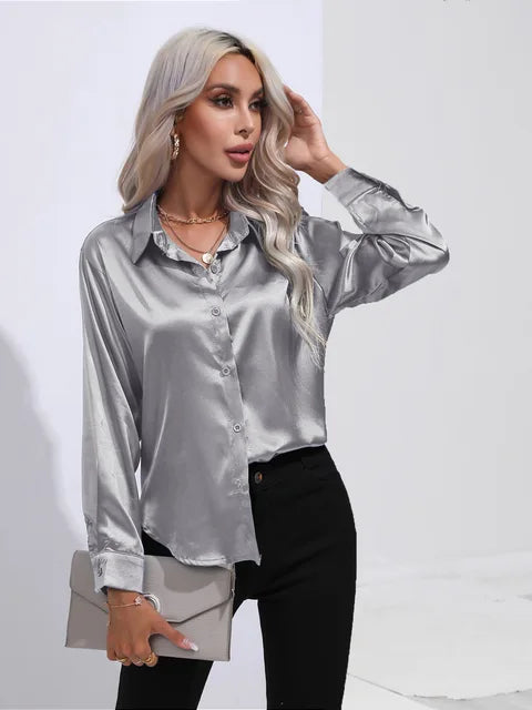 Heidi-Mode | Elegante Weite Satinbluse Mit Langen Ärmeln