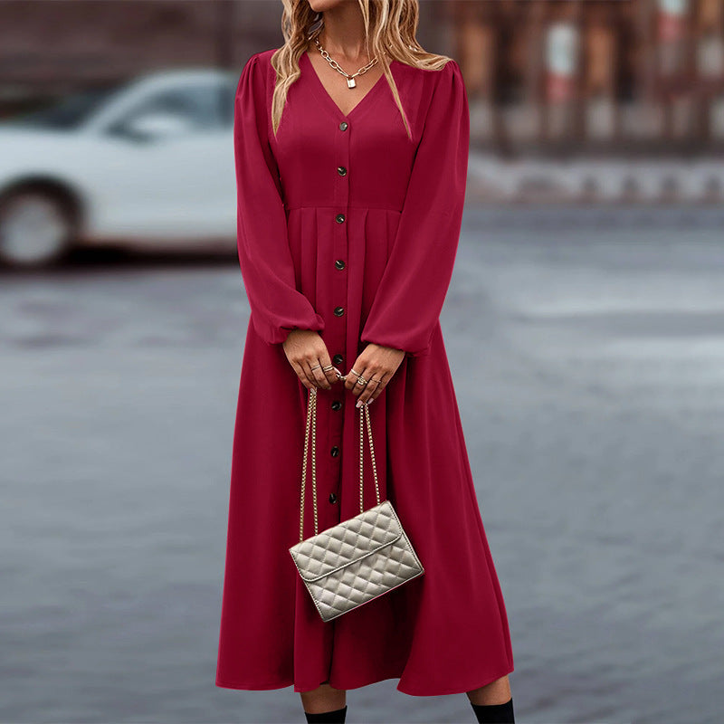 Heidi-Mode - Schickes Herbst V-Ausschnitt Lange Ärmel Kleid für Frauen