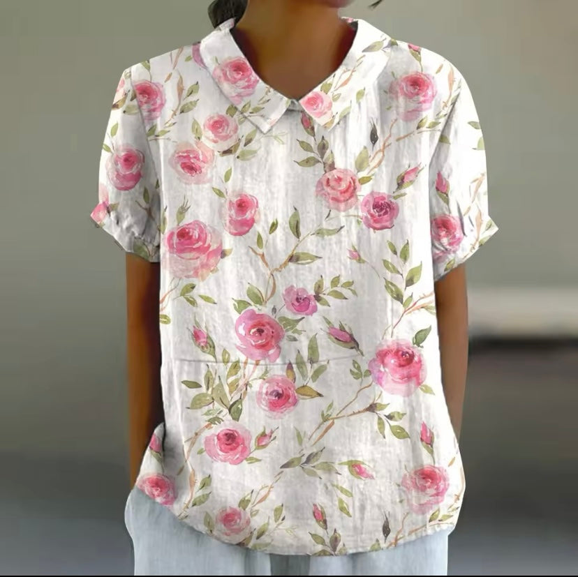 Heidi-Mode | Kurzarm Bluse mit floralem Muster und Kragen