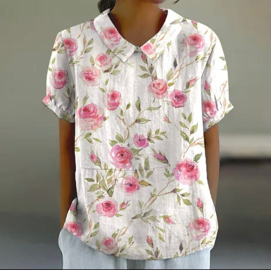Heidi-Mode | Kurzarm Bluse mit floralem Muster und Kragen
