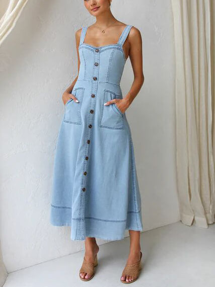 Denim Strap Casual Knopf Midi Kleid