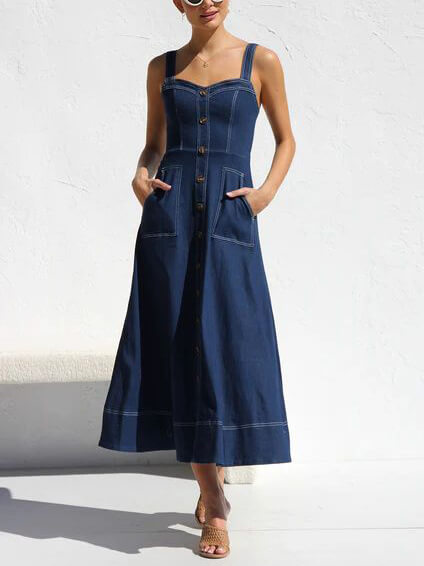 Denim Strap Casual Knopf Midi Kleid