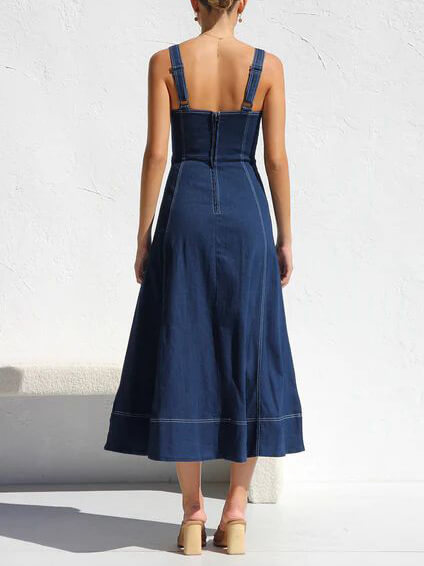 Denim Strap Casual Knopf Midi Kleid