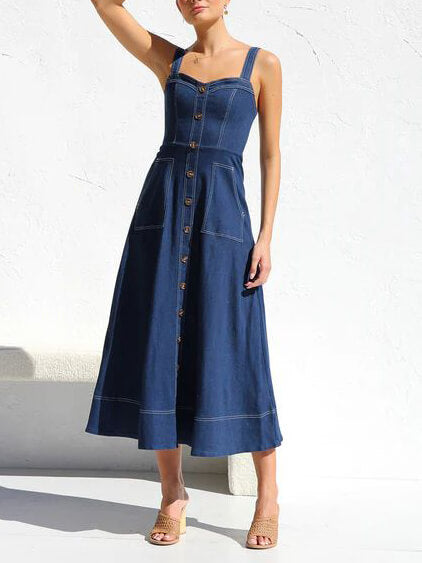 Denim Strap Casual Knopf Midi Kleid