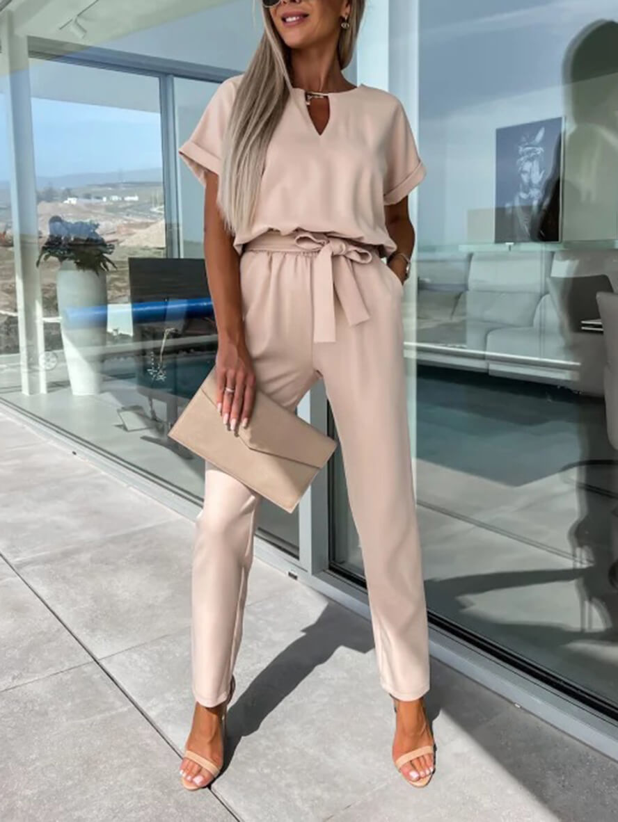 Jumpsuits V-Ausschnitt Gürteltaschen Kurzarm Damen Casual Fashion