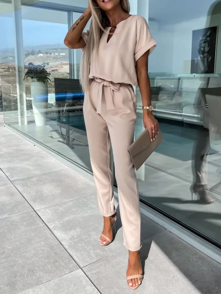 Jumpsuits V-Ausschnitt Gürteltaschen Kurzarm Damen Casual Fashion