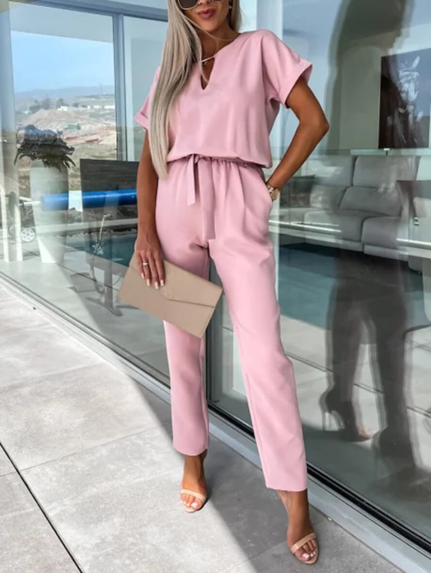 Jumpsuits V-Ausschnitt Gürteltaschen Kurzarm Damen Casual Fashion