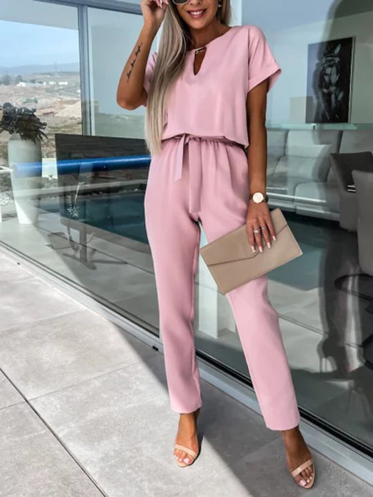 Jumpsuits V-Ausschnitt Gürteltaschen Kurzarm Damen Casual Fashion