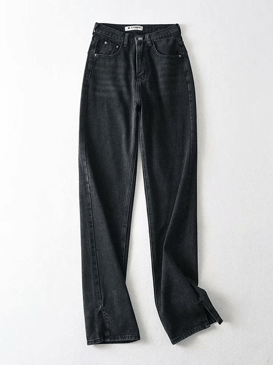 Jeans, gerade, geteilte Jeans, Knöpfe, Taschen, Reißverschluss, hohe Taille, Damenmode im Boyfriend-Stil