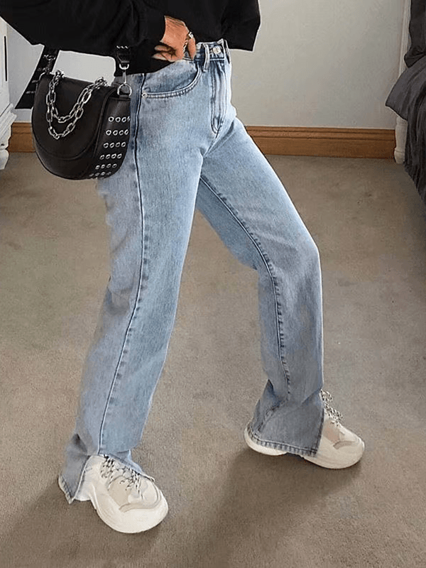 Jeans, gerade, geteilte Jeans, Knöpfe, Taschen, Reißverschluss, hohe Taille, Damenmode im Boyfriend-Stil