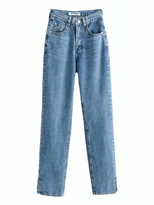 Jeans, gerade, geteilte Jeans, Knöpfe, Taschen, Reißverschluss, hohe Taille, Damenmode im Boyfriend-Stil