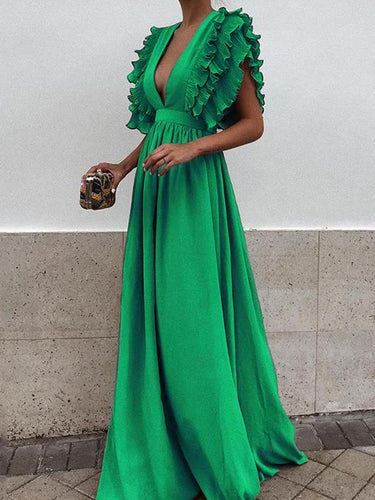 langes Maxikleid mit Rüschen und elegantem, fließendem, tiefem Ausschnitt