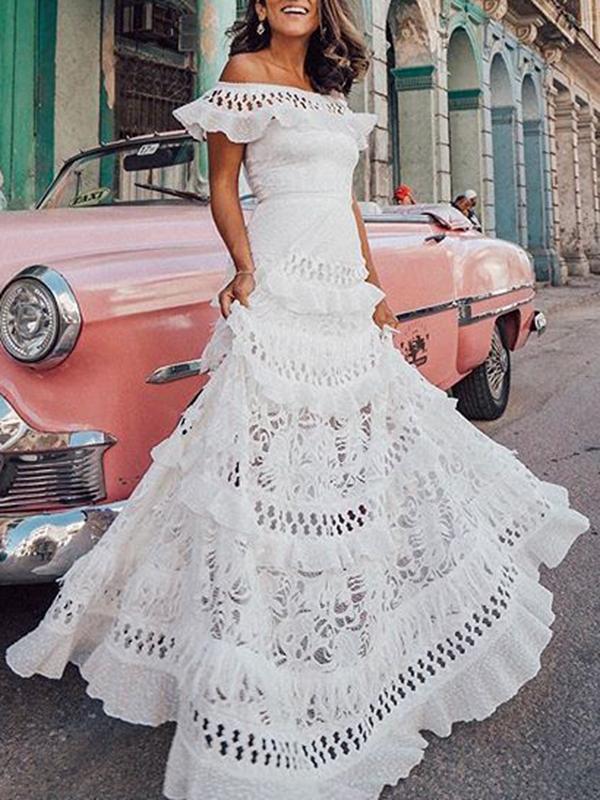 langes Kleid mit Rüschenspitze und U-Boot-Ausschnitt, elegantes Boho-Abendkleid für die Hochzeit