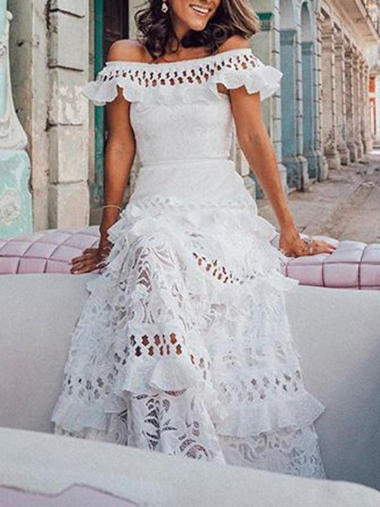 langes Kleid mit Rüschenspitze und U-Boot-Ausschnitt, elegantes Boho-Abendkleid für die Hochzeit