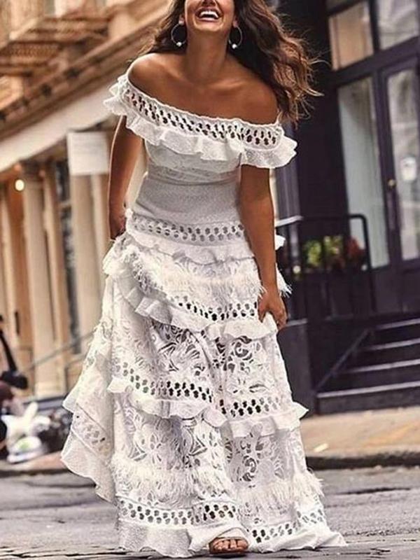 langes Kleid mit Rüschenspitze und U-Boot-Ausschnitt, elegantes Boho-Abendkleid für die Hochzeit