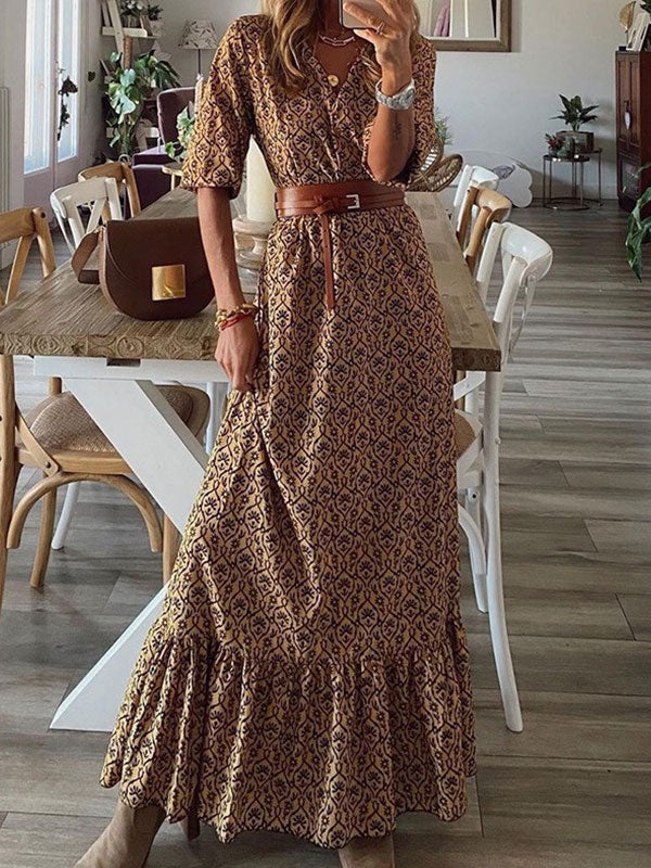 langes Maxikleid, bedrucktes Muster, Gürtel, V-Ausschnitt, kurze Ärmel, Boho-Vintage-Bluse