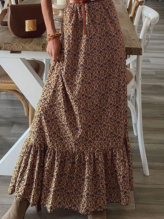 langes Maxikleid, bedrucktes Muster, Gürtel, V-Ausschnitt, kurze Ärmel, Boho-Vintage-Bluse