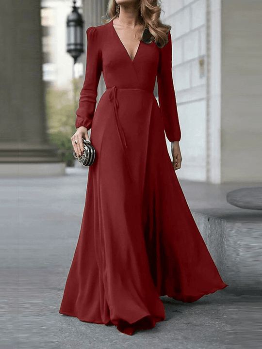 langes, fließendes Kleid, Schleife, Gürtel, V-Ausschnitt, lange Ärmel, für Damen, elegante Abend- und Abschlussballzeremonie