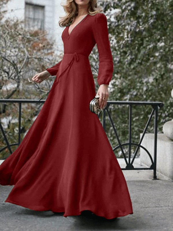 langes, fließendes Kleid, Schleife, Gürtel, V-Ausschnitt, lange Ärmel, für Damen, elegante Abend- und Abschlussballzeremonie