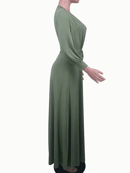 langes, fließendes Kleid, Gürtel, V-Ausschnitt, Bischofsärmel, lange Ärmel, Damen, lässig, elegant, Abschlussball, Herbst