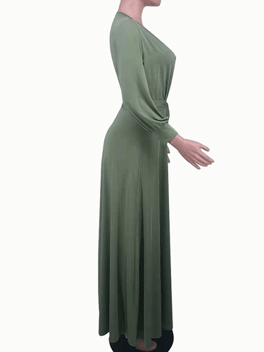 langes, fließendes Kleid, Gürtel, V-Ausschnitt, Bischofsärmel, lange Ärmel, Damen, lässig, elegant, Abschlussball, Herbst