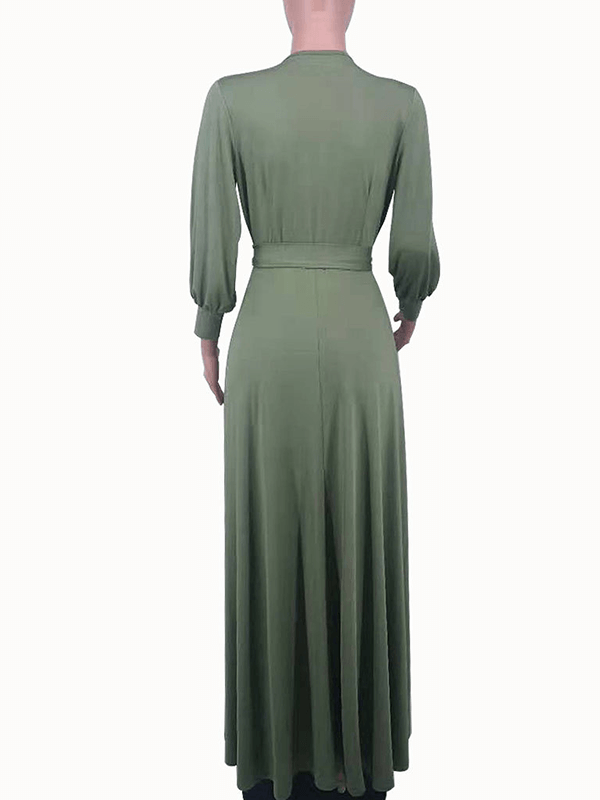 langes, fließendes Kleid, Gürtel, V-Ausschnitt, Bischofsärmel, lange Ärmel, Damen, lässig, elegant, Abschlussball, Herbst