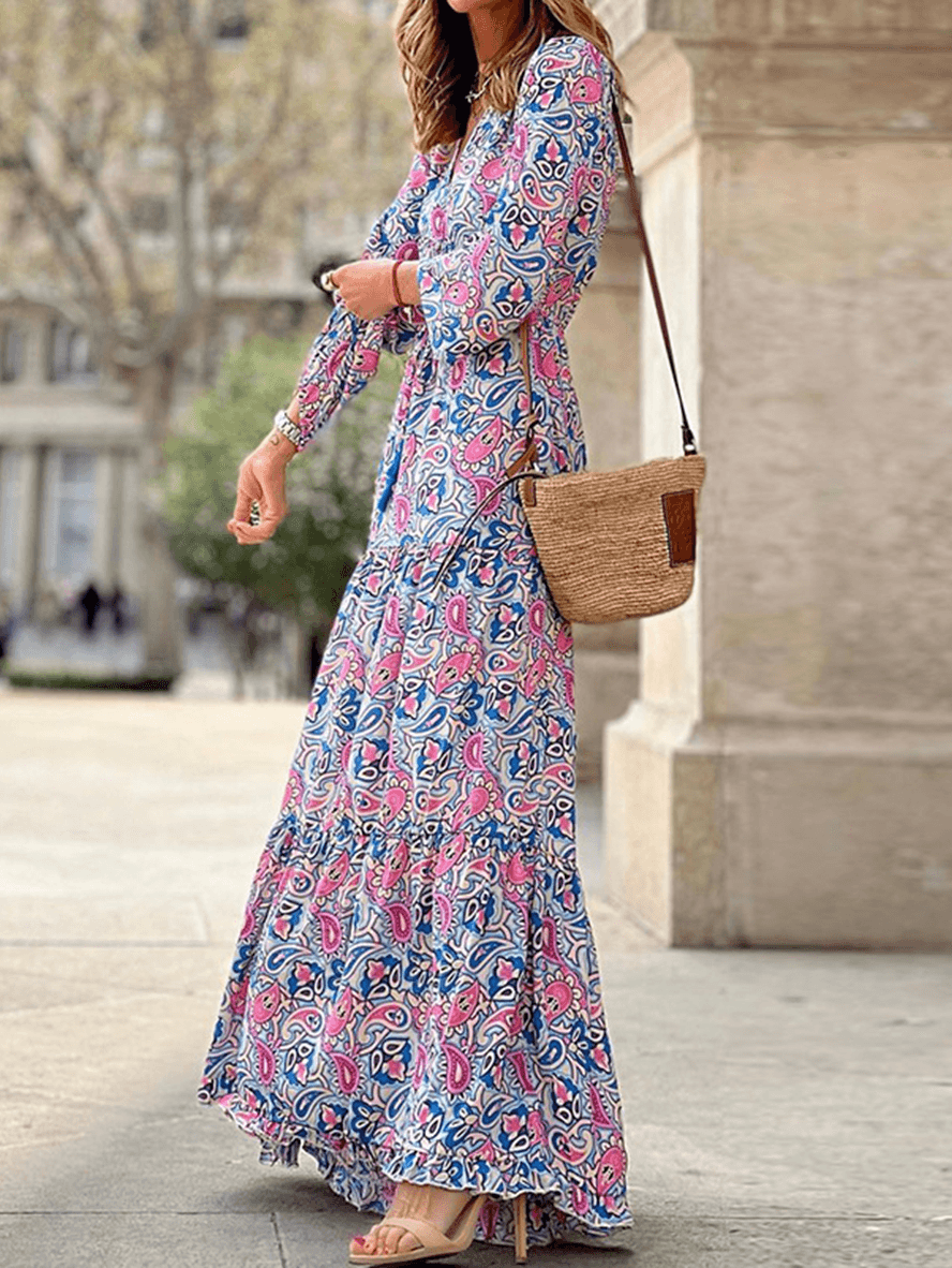 langes Kleid mit Tribal-Blumendruck, V-Ausschnitt, lange Ärmel, für Damen, Bohemian-Stil, Boho-Stil, lässig