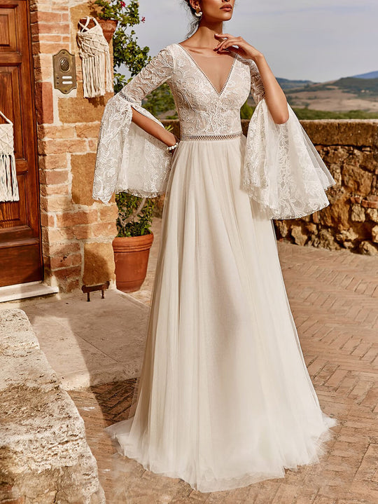 langes, elegantes Abendkleid mit V-Ausschnitt, Spitzentüll, Rückenausschnitt, ausgestellten Ärmeln und geteilten langen Ärmeln für die Hochzeit