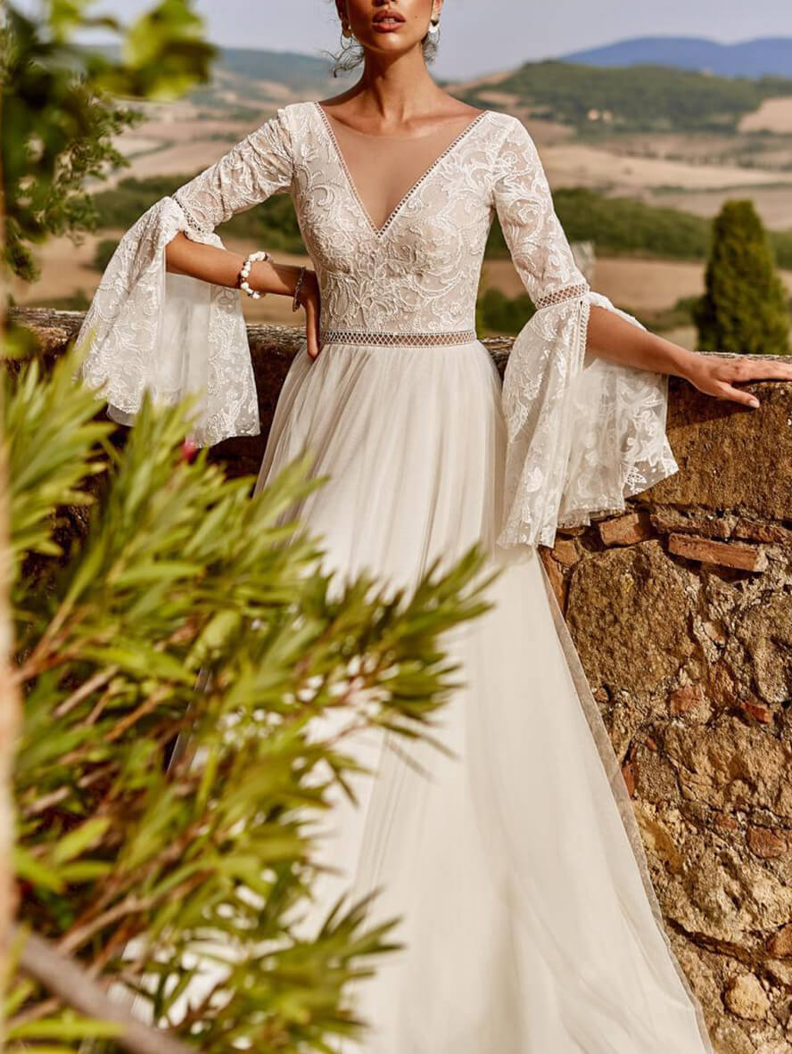 langes, elegantes Abendkleid mit V-Ausschnitt, Spitzentüll, Rückenausschnitt, ausgestellten Ärmeln und geteilten langen Ärmeln für die Hochzeit