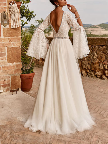 langes, elegantes Abendkleid mit V-Ausschnitt, Spitzentüll, Rückenausschnitt, ausgestellten Ärmeln und geteilten langen Ärmeln für die Hochzeit