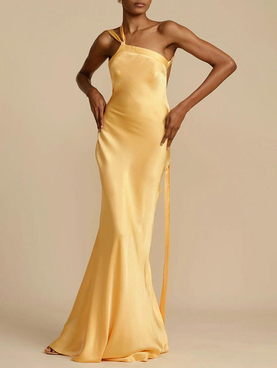 Langes Satinkleid, schulterfrei, figurbetont, Gürtel, rückenfrei, ärmellos, für Damen, elegant, lässig, für Abend, Party, Hochzeit, Gast