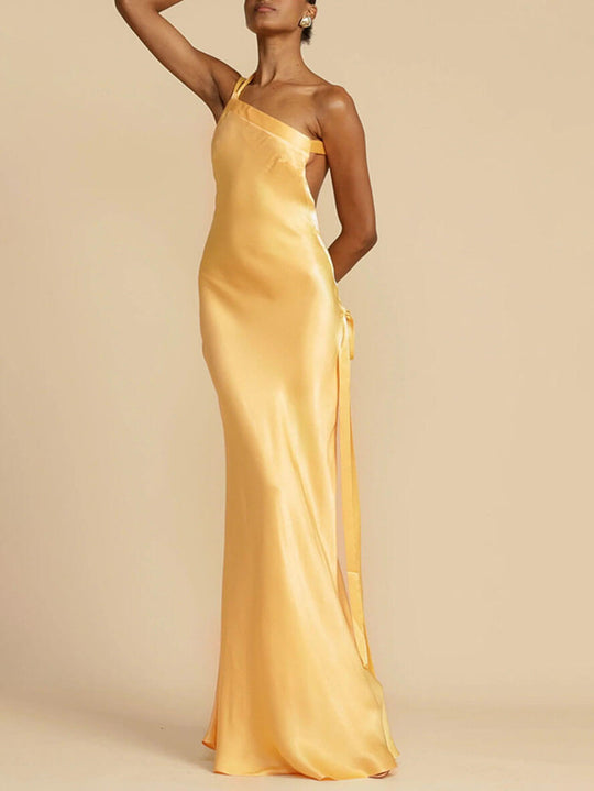 Langes Satinkleid, schulterfrei, figurbetont, Gürtel, rückenfrei, ärmellos, für Damen, elegant, lässig, für Abend, Party, Hochzeit, Gast